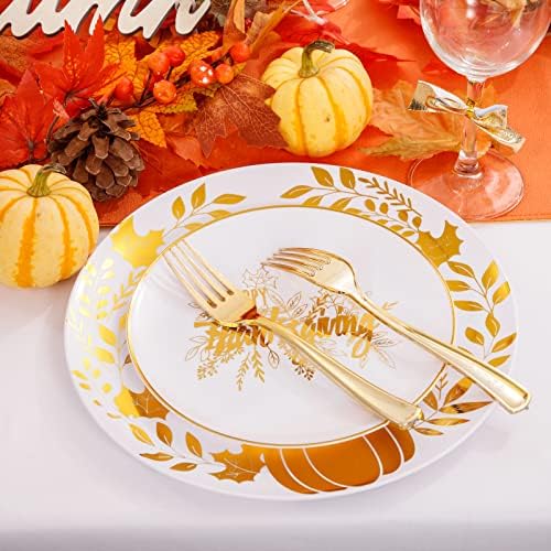 Ciaell 125PCS Thanksgiving Plastic Plates - Fall Pumpkin Disposable Plates White and Gold Heavy Duty Dinnerware Set include 25Dinner Plate, 25Desset Plate, 25Knives, 25Forks, 25Spoons for Thanksgiving - Image 4