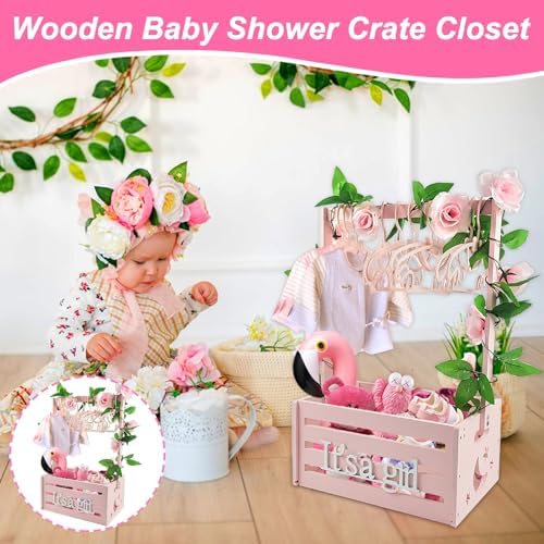 Wooden Baby Shower Crate Closet, Baby Storage Crate Hamper with Handle, Garland and 10 Clothes Hangers, Baby Shower Gifts Basket with Letters for Girl Boy Pregnancy Gift (Pink) - Image 5