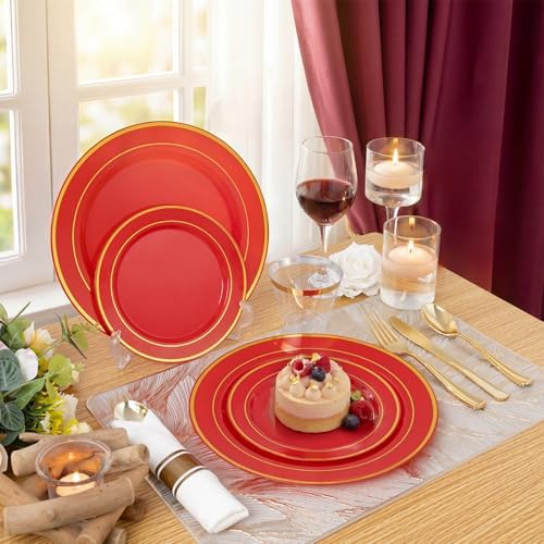 WDF Partyware 350Pieces Red Plastic Plates with Gold Rim Include 50Dinner Plate 10inch 50Dessert Plate 7inch 50 gold Cups 9 OZ, 50 Pre Rolled Napkins for Wedding/Birthday/Christmas/Party - Image 4