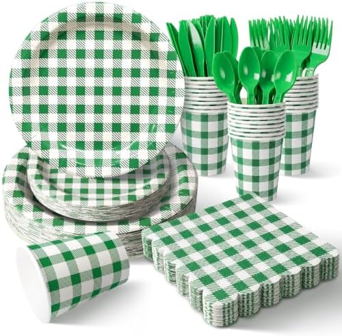 Vyntra 350-Pc Green Gingham Paper Plates and Napkins Party Supplies by PartyTablewareSupplies
