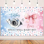 MEHOFOND 8x6ft Turbos or Bows Gender Reveal Backdrop Boy or Girl What Will Baby Be Photography Background Pink and Blue Stars Gender Reveal Baby Shower Party Decorations Banner Photo Booth Props - Image 2