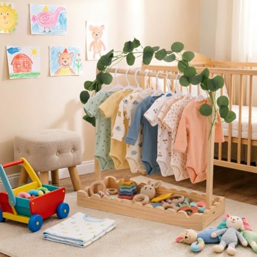 Rainmae Wooden Baby Clothing Rack for Toddler, Baby Shower Crate Closet, Baby Shower Basket with Hanger Rack, Hangers, Ivy Garland Decor, Newborn Gifts Basket for Pets Boys Girls Welcome Present - Image 6