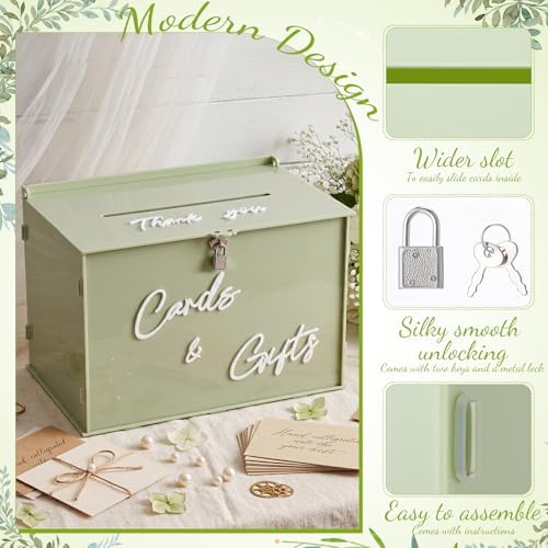 BreezeHug 14" Sage Green Acrylic Wedding Card Box with Lock & 3D Letters - Image 4