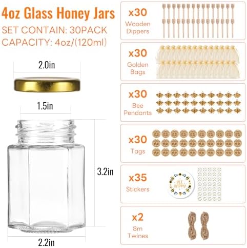 4 oz Hexagon Glass Honey Jars 30 Pack, Gold Lids with Dipper & Jute - Image 2