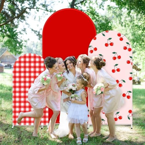 FYSUIMU 3 Pcs Cherry Arch Backdrop Covers Pink Red Plaid Stretchy Spandex Arch Stand Fabric Cover for Wedding Birthday Baby Shower Gender Reveal Party Decoration (4ft/5ft/6ft) - Image 7