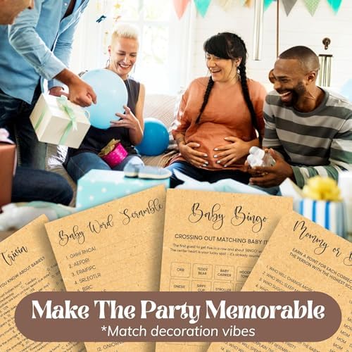 WOODAMORE Funny Baby Shower Games Gender Neutral - Baby Shower Bingo Game For Girl Boy, Trivia Word Scramble Games For Baby Shower Decorations (Pack of 3) - Image 5