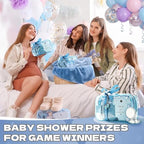 74PCS Baby Shower Prizes for Game Winners with Clear Makeup Bags Glitter Mirrors Belly Rulers Baby Feet Keychains Headbands Hair Claws for Baby Shower Games and Bridal Shower Favors (Blue, 6 Sets) - Image 5