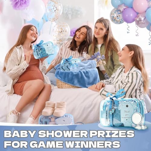 74PCS Baby Shower Prizes for Game Winners with Clear Makeup Bags Glitter Mirrors Belly Rulers Baby Feet Keychains Headbands Hair Claws for Baby Shower Games and Bridal Shower Favors (Blue, 6 Sets) - Image 5