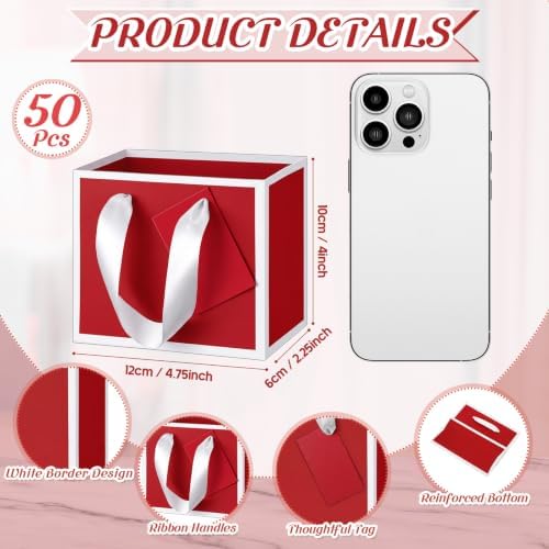 Yeaqee 50 Pcs Mini Metallic Paper Gift Bags with Handle, Red White - Image 2