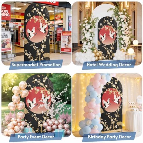 Arch Backdrop 6.6 Ft, Cherry Blossom Spandex Stretch Fitted Arch Cover, Round Top Chiara Arches Stand Backdrop Cover for Wedding Birthday Party Baby Shower Harmony Crane Red Moon Paper Fan - Image 4
