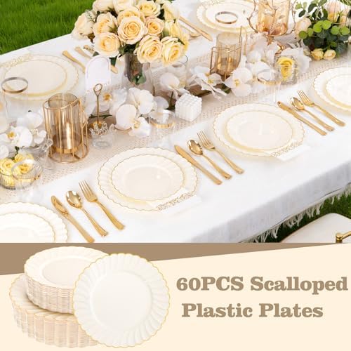 YOUBET 60PCS Ivory Scalloped Plastic Plates for Wedding Party - Image 6
