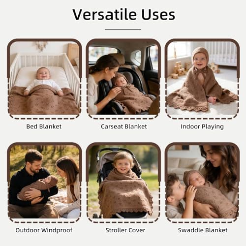 LifeTree Knit Baby Blanket & Hat, 100% Cotton Soft Swaddle & Receiving Blanket for Toddler, Lightweight & Breathable Newborn Blanket Unisex for Crib, Stroller, 31X40 Inches, Shower Registry Gift,Brown - Image 6