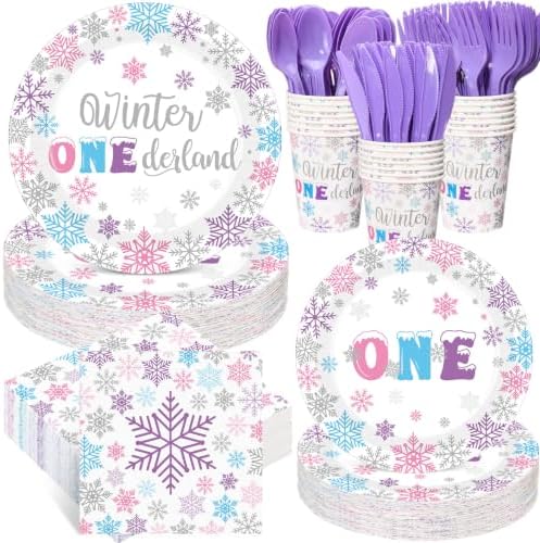 Pickmesh 400 Pcs Colored Winter Onederland Birthday Plates Cups and Napkins by Pickmesh