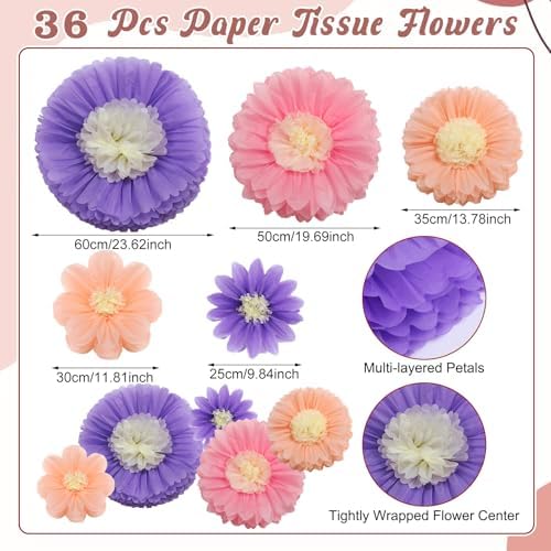 ForraFun 36 Pcs Pastel Giant Paper Flowers Decoration for Wall Sizes 10" to 24'' Tissue Paper Pom Poms in 5 Flower Wall Backdrop Decor for Birthday Bachelorette Wedding Baby Shower Bridal Shower Party - Image 2