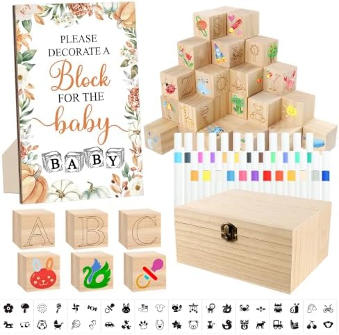 150 Pcs Fall Pumpkin Baby Shower Games Sign Kit, Including a Decorate Game Sign 102 DIY Wooden Blocks, 10 Stencils, 36 Acrylic Markers & Storage Box for Gender Reveal Party Thanksgiving ﻿ by ZCPTZ