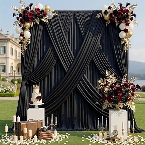 gogoparti 30x15 ft Black Backdrop Curtain for Weddings & Parties - 6-Panel Wrinkle-Free Polyester Drape, 15 FT Long for Birthday, Baby Shower, Halloween Photography Background by Gogoparti