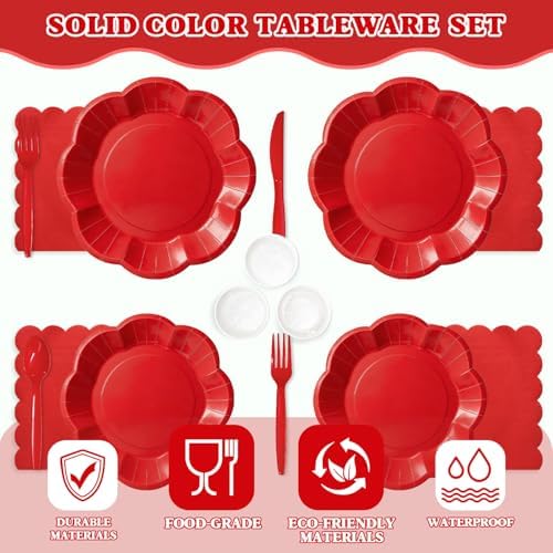 Vyntra Red Paper Plates, Cups & Napkins, 350 Pcs Scalloped Party Set - Image 3