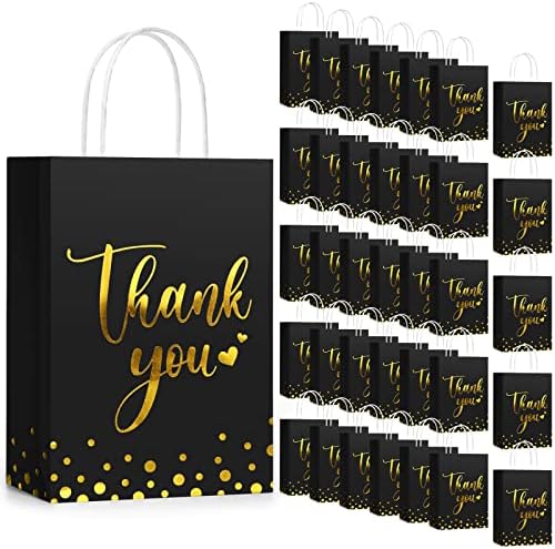 Tinlade 100 Pcs Thank You Gift Bags Bulk Paper Gold Thank You Wedding Bags with Handle for Business, Shopping, Wedding, Baby Shower, Party Favors (Black) by Tinlade