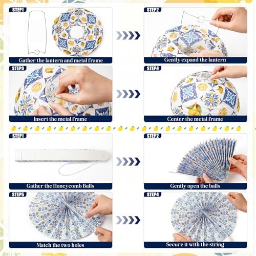 Baquler 24 Pcs Capri Lemon Party Decor Amalfi Coast Mediterranean Blue Yellow Lemon Decor with 12 Paper Lanterns and 12 Hanging Fans for Birthday Bridal Shower Baby Shower Italian Summer Party Wedding - Image 4