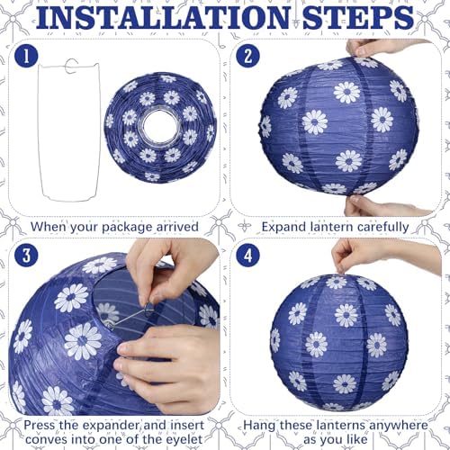 12 Pcs Chinoiserie Party Decorations Set 10" Blue and White Porcelain Paper Lanterns Triangle Flag Bunting Banner Chinese Japanese Hanging Decorations for Wedding Birthday Party Baby Shower Home Decor - Image 3