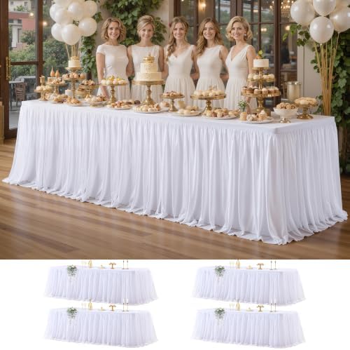Wish Care 4 Pack White Tulle Table Cloth for 8 Foot Rectangle Tables White Tutu Desk Skirt Stretch Fitted Rectangular Tablecloths Wrinkle Free Ruffle Table Cover for Wedding Birthday Party Banquet by WishCare
