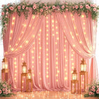 10ft x 10ft Dusty Rose Chiffon Backdrop Curtain with Lights String for Parites Wedding Wrinkle Free Curtain Photo Backdrops Drapes for Baby Shower Birthday Party Home Decorations by WishCare