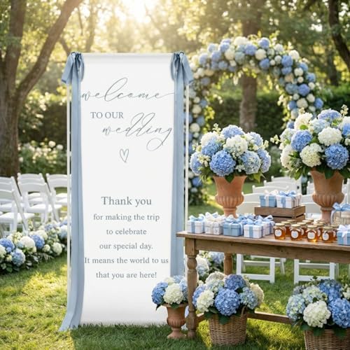 Wedding Welcome Linen Sign Stand with Satin Ribbon(Blue) - Image 2