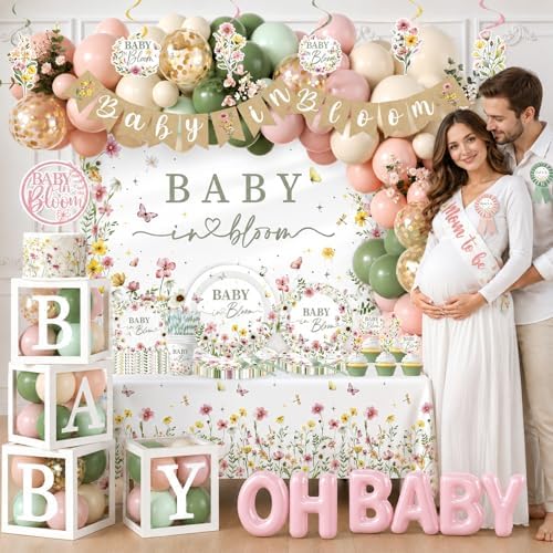 Baby in Bloom Baby Shower Decorations - 321cs Wildflower Theme Baby Shower Plates and Napkins,Floral Baby in Bloom Banner,Backdrop,Balloon,Cups,Box with Letters,Caketopper for Wildflower Baby Shower - Image 6