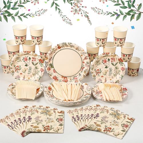Roshtia Floral Party Supplies Set for 50 Guests - Watercolor Flowers Paper Plates & Napkins, Disposable Dinnerware for Women & Girls Birthday, Vintage Tea Party & Baby Shower Tableware by Roshtia