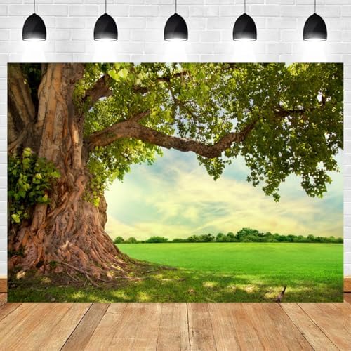12x8ft Spring Backdrop Huge Tree Nature Scenery Photography Background Rural Scene Green Grass Field Girls Kids Birthday Baby Shower Banner Decorations Wedding Portrait Photo Booth Prop - Image 2