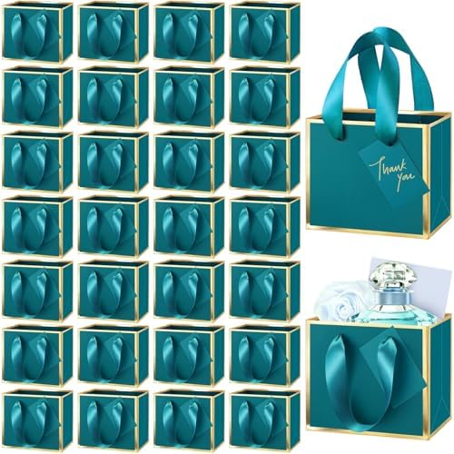 Yeaqee 50 Pcs Mini Metallic Paper Gift Bags with Handle, Turquoise, Gold by Yeaqee