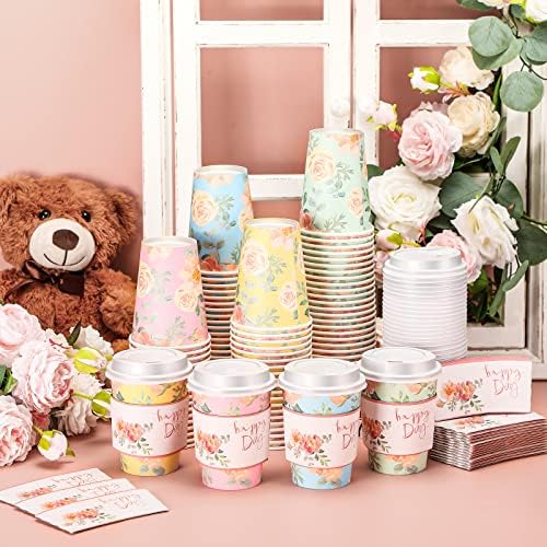 Remerry 100 Pcs 12oz Floral Disposable Coffee Cups with 100 Lids and 100 Sleeves Paper Insulated Drink Hot Coffee Paper Cups with Dome Lids and Sleeves for Parties Wedding Baby Shower(Fresh) - Image 4