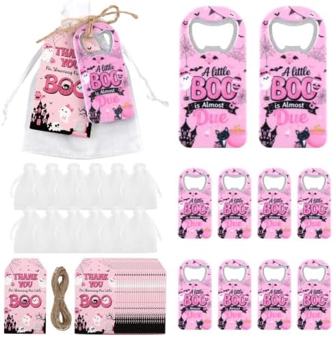 24 Sets Halloween Bottle Openers Baby Shower Party Favors, Pink Black Bottle Opener Keychain Set with Thank You Tags Organza Bags for A Little Boo Is Almost Due Party Guest Gifts Decor by CORNERLACE