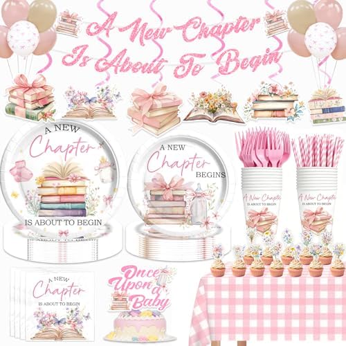 Party Inspo A New Chapter Begins Baby Shower Decorations, Storybook Baby Shower Supplies for Girl with Tableware, Plates, Napkins, Floral Tablecloth, Hanging Swirls, 24 Guests by Unknown