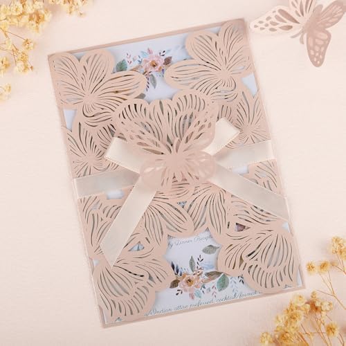 50pcs Pink Wedding Invitations Personalized with Envelopes and RSVP Cards Blank Laser Cut Hollow Flower Invitation Kits Butterfly Invitations for Engagement Wedding Birthday Party Bridal Shower by HomeKitchen