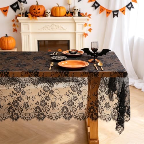 Lace Tablecloth 10FT Rectangle Wedding Overlay Black Halloween Fabric 2Pack - Image 2