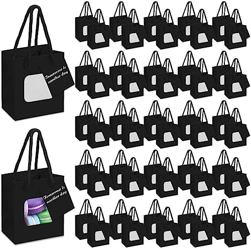 50 Pcs 4 x 2.75 x 4.5 in Black Kraft Paper Gift Bags with Window & Handles by Fuutreo