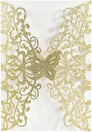 50sets Glitter Laser Cut Lace Flora Wedding Invitation Cards with Butterfly and Envelopes for Bridal Shower Engagement Quinceañera Wedding Invite (Whole Set, Glitter Gold) - Image 2