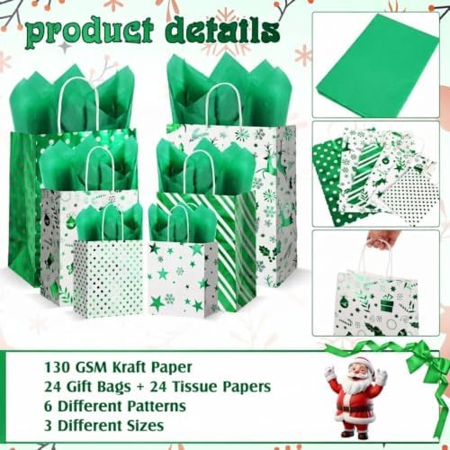 Humyoun 24 Pack Christmas Paper Gift Bags Bulk Assorted Sizes, White,Green - Image 3
