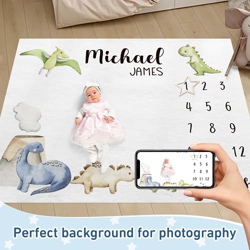 Custom Name Baby Milestone Blanket - Baby Milestone Monthly Blanket with Double Sided for Boy Girl Baby Photography Props - Dinosaur Print Gifts for Kids Infant (FixedSize) - Image 2