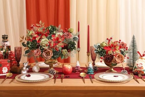 Artificial Christmas Flowers Set with Poinsettia, Fake Roses, Greenery Leaves & Stems for DIY Christmas Decor - Wreath, Tree Ornaments, Wedding Bouquets, Centerpieces, Home Floral Arrangement - Image 3