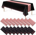16Pack Disposable Plastic Tablecloths and Satin Table Runner Set Black and Rose Gold Dot Tablecloth Gold Satin Table Runner for Wedding Birthday Baby Shower Anniversary Christmas New Year Party Supply by MASHAN