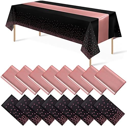 16Pack Disposable Plastic Tablecloths and Satin Table Runner Set Black and Rose Gold Dot Tablecloth Gold Satin Table Runner for Wedding Birthday Baby Shower Anniversary Christmas New Year Party Supply by MASHAN