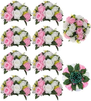 BLOSMON Flower Balls Wedding Centerpieces: 10 Pcs Pink White Fake Roses by Blosmon