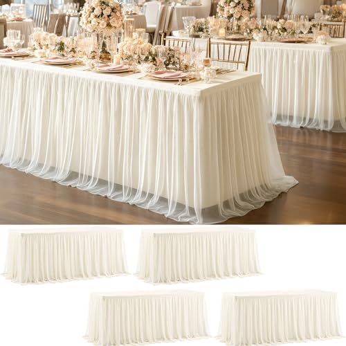 4 Pack Ivory Tablecloth for 6 Foot Rectangle Tables with Tulle Table Skirt by PartyTalk
