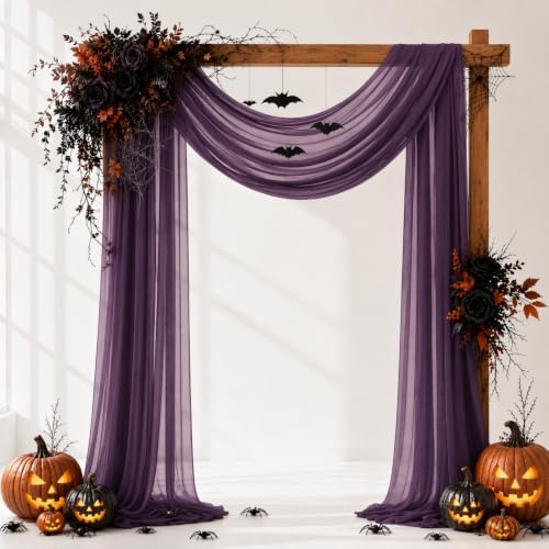 Plum Purple Wedding Arch Draping Fabric Sheer Curtain Drapes 4 Panels | 20 ft Extra Long Shimmery Backdrop Curtains for Wedding Anniversary Party Summer Outdoor Events Drapery Backgrounds - Image 2