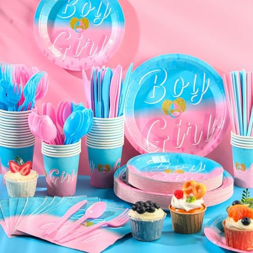 Hushee 291 Pcs Gender Reveal Party Supplies Boy or Girl Disposable Tableware Set for 36, Flatware Paper Plates Napkin Cups Straws Pink Blue Pennant Banner Plastic Tablecloth for Baby Shower Decoration - Image 2