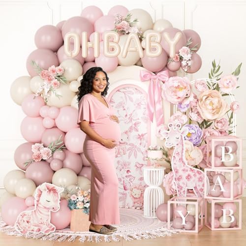 Toile De Jouy Baby Shower Decorations, Girl Pink Floral Safari Bow Baby Shower Decoration Party Supplies with Dusty Pink and White Balloons Boxes, A Sweet Little Baby Is One The Way Backdrop - Image 5