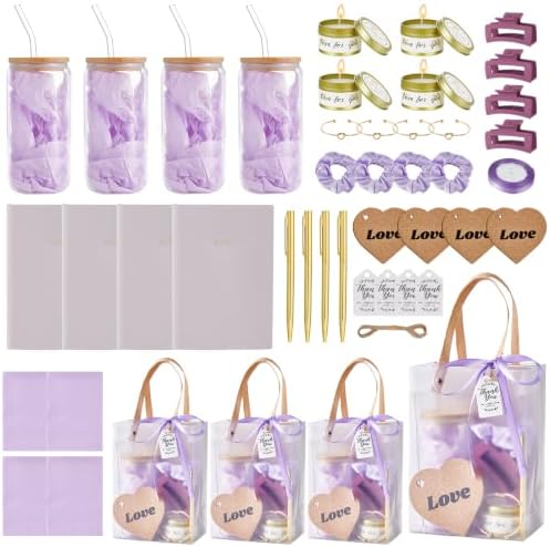 46Pcs Baby Shower Prizes for Game Winners Gifts Wedding Bridal Shower Gifts Including Glass Cans Notebooks Soy Candles Hair Clips for Baby Shower Wedding Bridal Shower Game Prizes (Purple, 4 Sets) by Rigibright