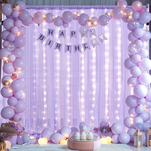 10ft x 10ft Lavender Chiffon Backdrop Curtain with Lights String for Parties,2 Panels Sheer Tulle Curtain Wedding Photo Backdrop with Lights for Baby Shower Birthday Party Ceremony Home Decorations - Image 4